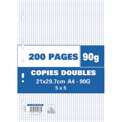 200 pages copies doubles A4 petits carreaux 5x5 perforées