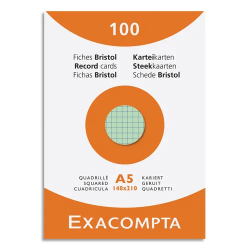 100 fiches bristol non perforées A5 quadrillées 5x5...