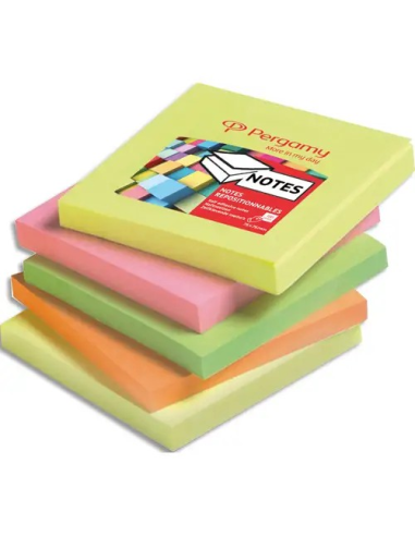 Bloc de 100 feuilles repositionnables 7,6x7,6cm. Coloris assortis néon