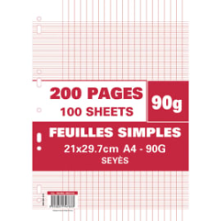 200 pages copies simples A4 grands carreaux perforées