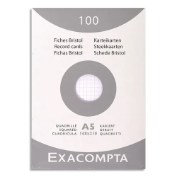 100 fiches bristol non perf A5 quadrillées 5x5 Blanc