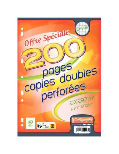 Paquet de 50 copies doubles perforées, format A4, seyès, papier 90g, blanc
