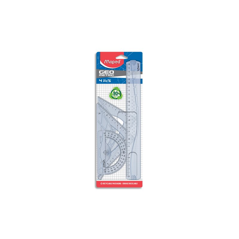 Kit traçage: règle 30 cm + équerre + équerre + rapporteur