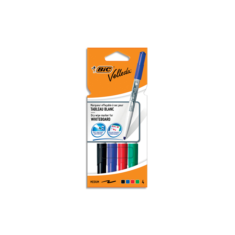 Feutres pour Tableau Blanc Effaçables à Sec, Pte Conique Moy - Assortis, Pochette de 4