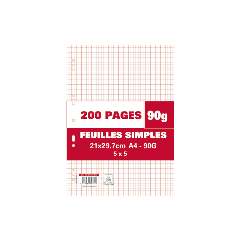 200 pages copies simples A4 petits carreaux 5x5 perforées